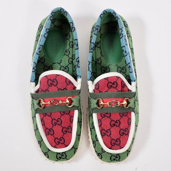 GUCCI 7 US 7.5 loafers shoes multicolor GG logo canvas rubber sole horsebit - Picture 1 of 10